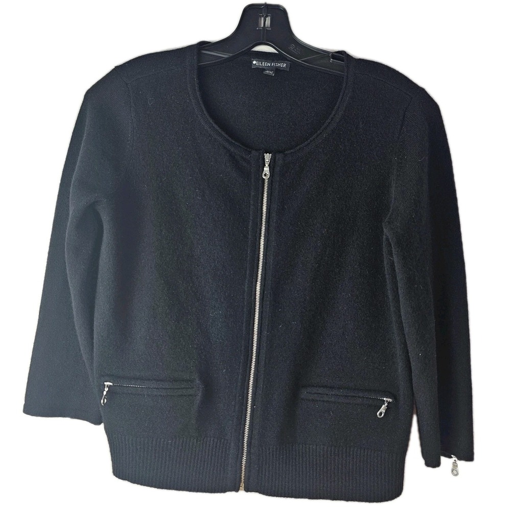 Eileen Fisher‎ XS Sweater 100% Cashmere Cardigan Zip Black Luxury Old Money LS